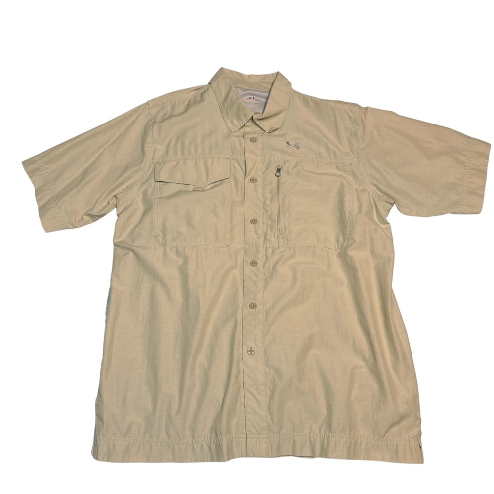 Under Armour Fishing Shirt Mens Large Beige Button Down Short Sleeve